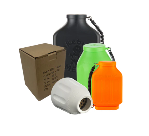 Personal smoke filters displayed in front of a white background, one that is black, green, orange, and white with a box.