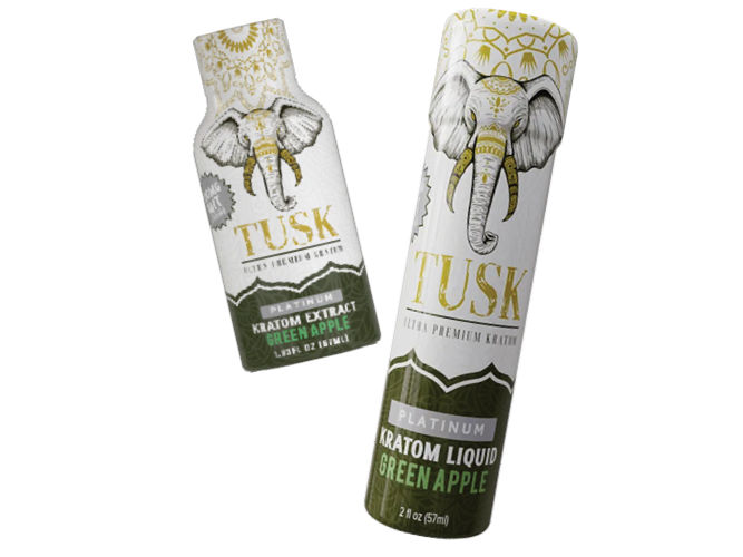 Two white and green colored kratom liquid shots displayed in front of a white background.