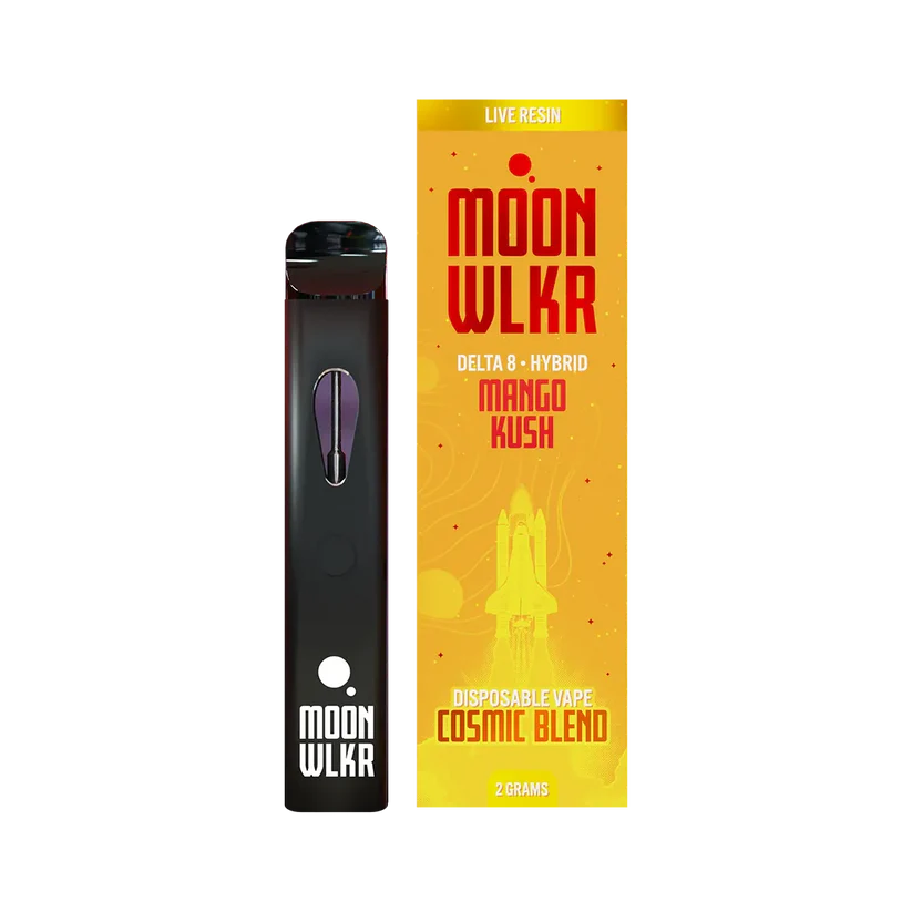 MOONWLKR Delta 8 2G Disposable Mango Kush device displayed in front of a white background showing the device and the orange box.