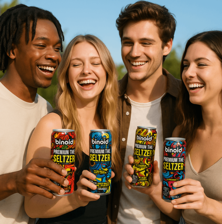 Four of the best d9 drinks being held by hand by four different people smiling.