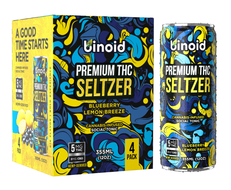 A box and a can of the best d9 infused drinks for 2026 displayed to show the yellow branding of the flavor.