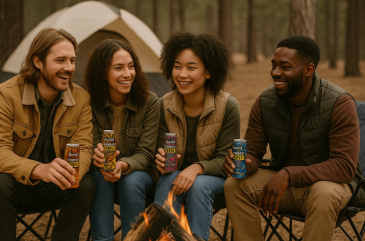 Four of the best Delta 9 cbd drinks being held by hand by four different people smiling.