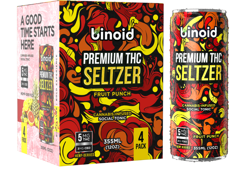 A box and a can of the best delta 9 CBD drinks for 2026 displayed to show the red and yellow orange  branding of the flavor.