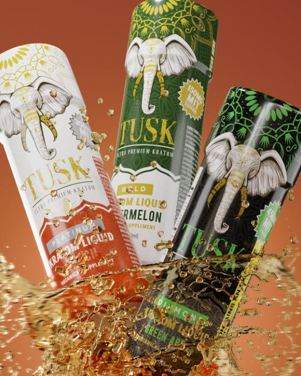 Three kratom shots displayed in front of an orange background with liquid splashing below.