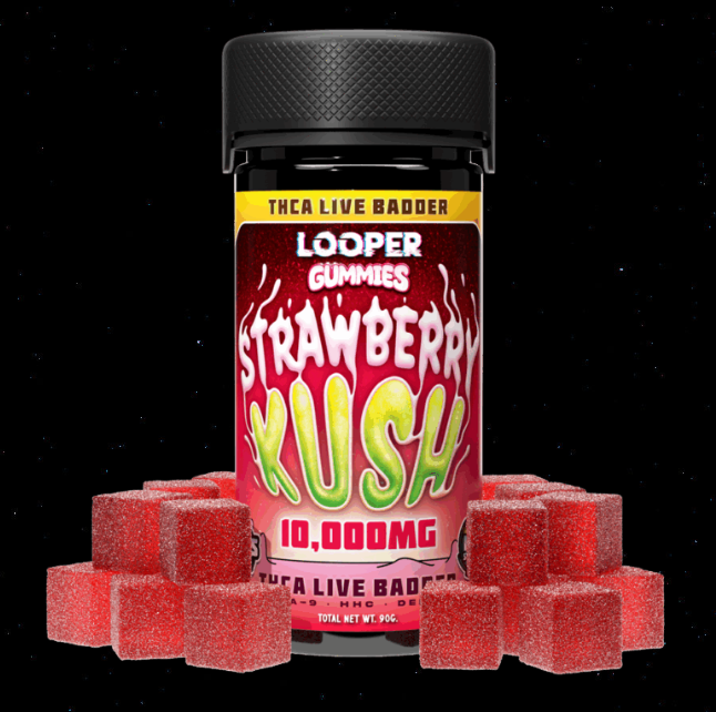 The best HHC gummies displayed in front of a black background. The gummies are color red with their container displayed at the middle saying "Strawberry Kush."