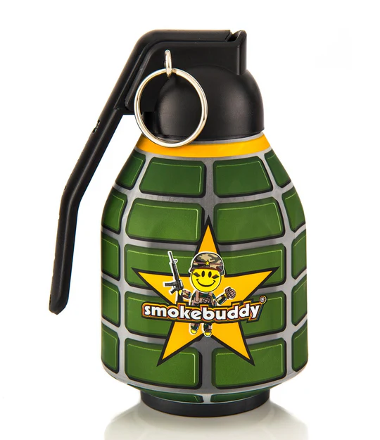 Grenade-looking smoking air filtration device from Smokebuddy displayed in front of a white background.