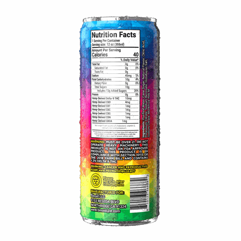 One can of Delta 9 drinks displayed alone in front of a clear background.