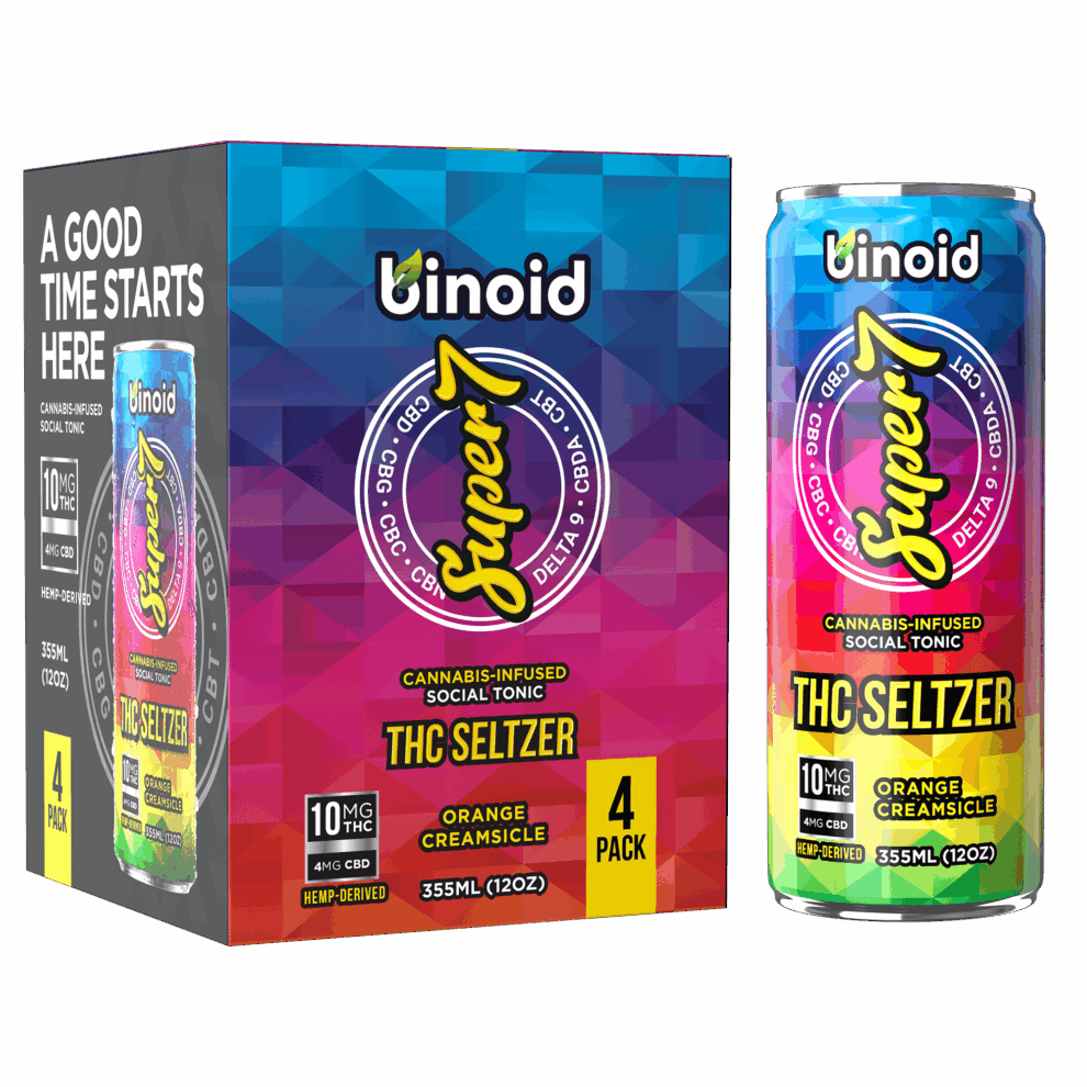 Delta 9 drinks displayed inside a colorful box with one can outside.