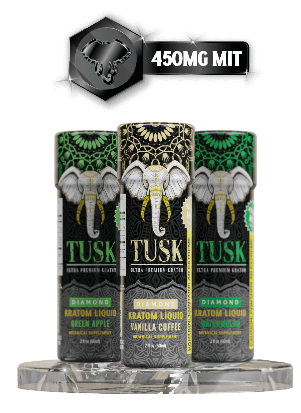 Three green kratom liquid shots displayed on a green box in front of a white background.