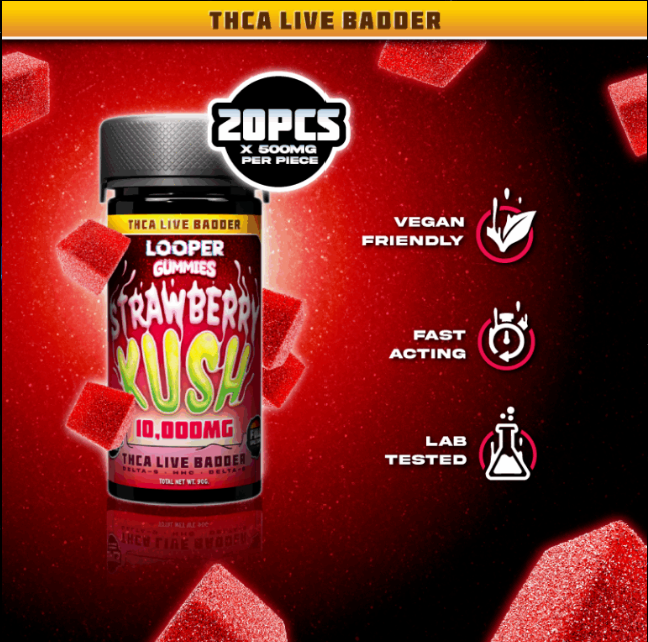 The best HHC gummies from Looper, the Looper Gummies Strawberry Kush, being displayed under a red light and background showing it being vegan friendly, fast acting, and lab tested.