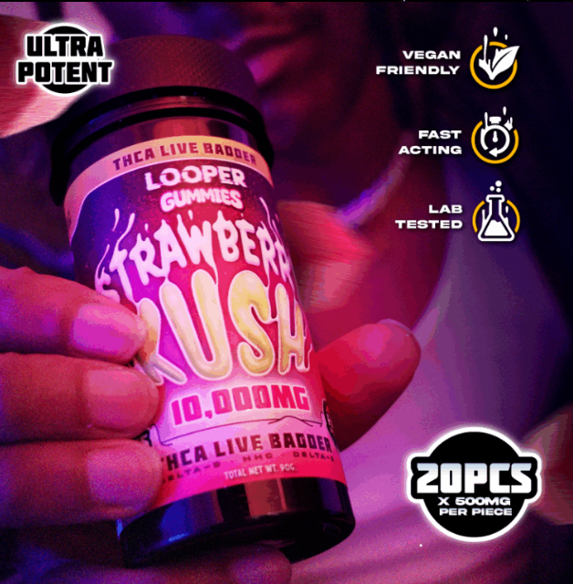 The best HHC gummies from Looper, the Looper Gummies Strawberry Kush, being held by a person under a pink light and background showing it being vegan friendly, fast acting, and lab tested.