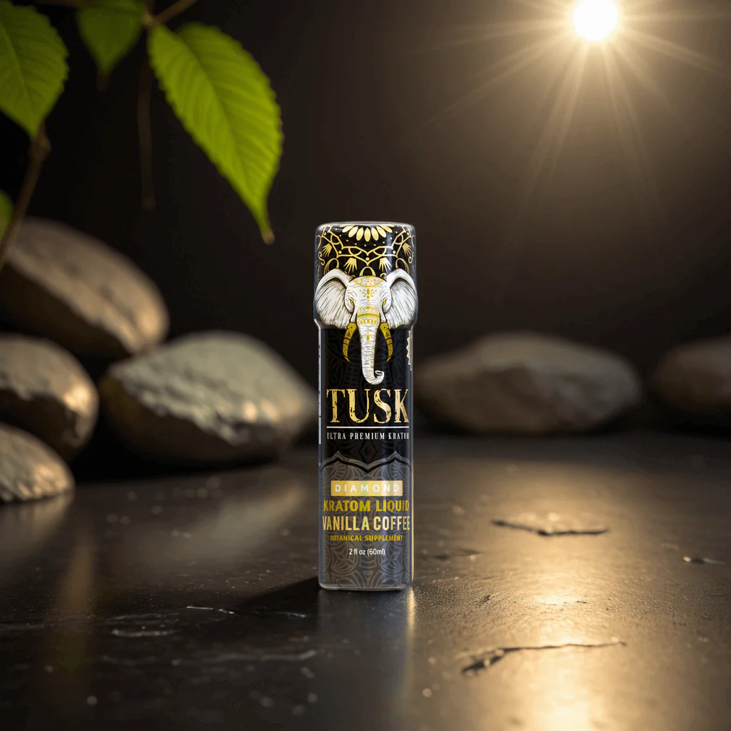 The best kratom liquid shots brand in black packaging displayed in front of a plant and set of rocks with a bright light on the top right corner.