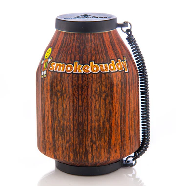 Barrel-looking smoking air filtration device from Smokebuddy displayed in front of a white background.