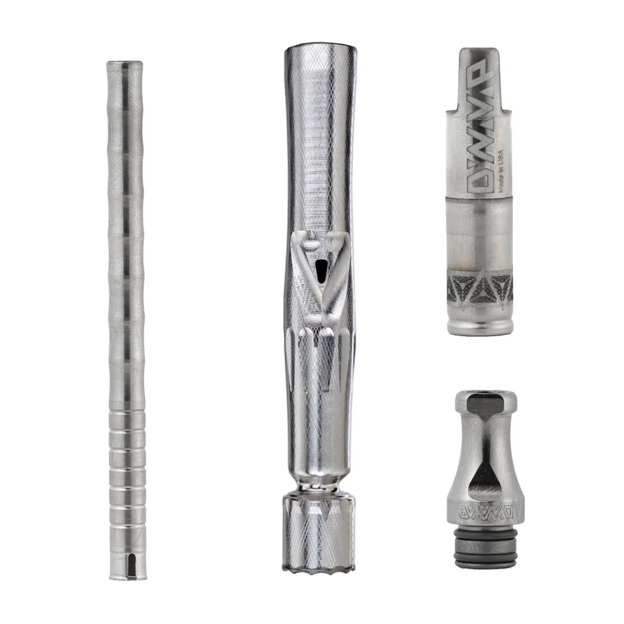 Dynavap ball vape displayed in front of a white background showing all of its parts when disassembled.