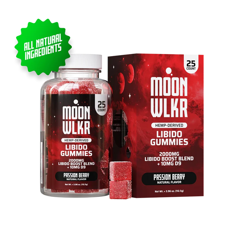 MOONWLKR Delta 9 Libido Gummies - Passion Berry displayed i in front of a white background showing the bottle, the box, and two pieces of red gummies on top of one another.