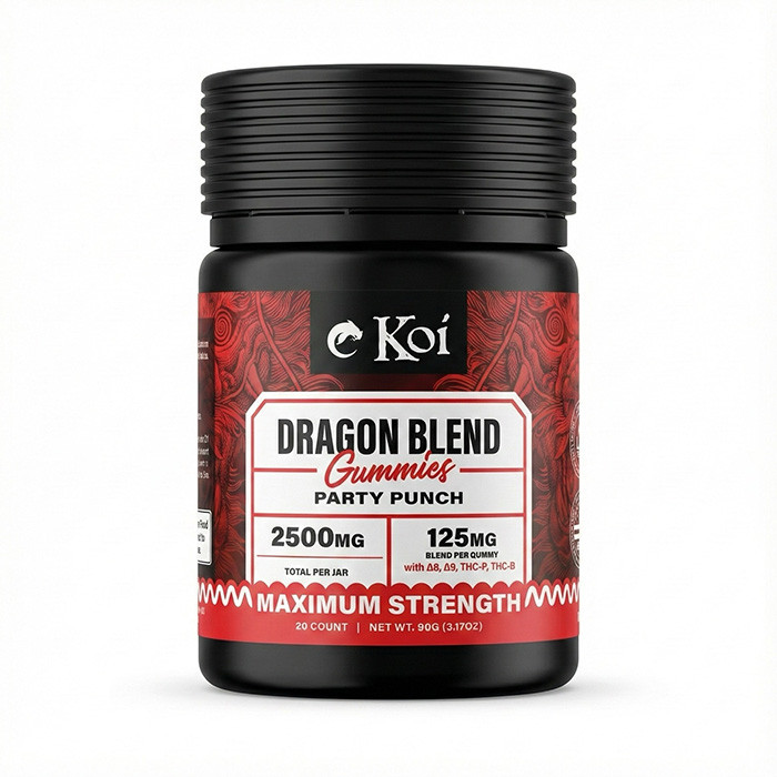 Koi CBD Dragon Blend Gummies displayed on a white background showing the red and black container.