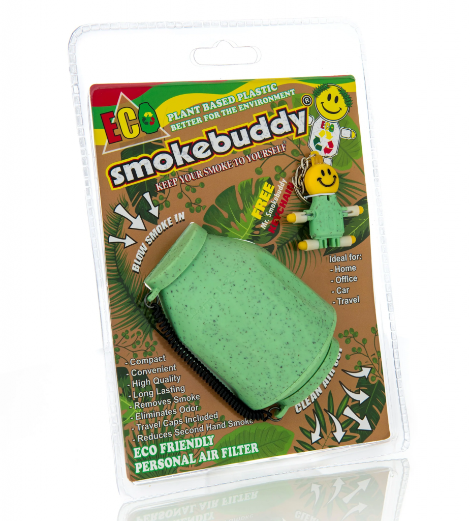 Green plant based air filter for smoking inside its Smokebuddy packaging displayed in front of a white background.