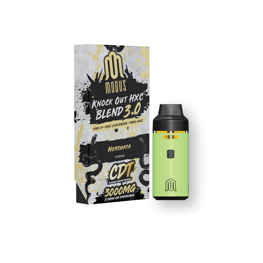 One of Modus Brand's live resin disposable vapes displayed in front of a white background.