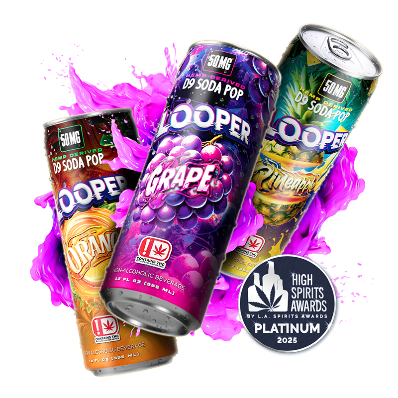 Three cans of Looper D9 Soda Pop displayed in front of a splash of pink coloring and a logo showing its certification.
