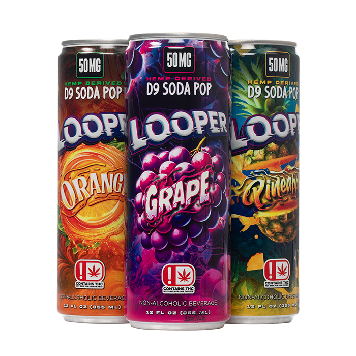 Three cans of Looper D9 Soda Pop displayed in front of a white background showing three flavors: Pineapple, Grape, and Orange.
