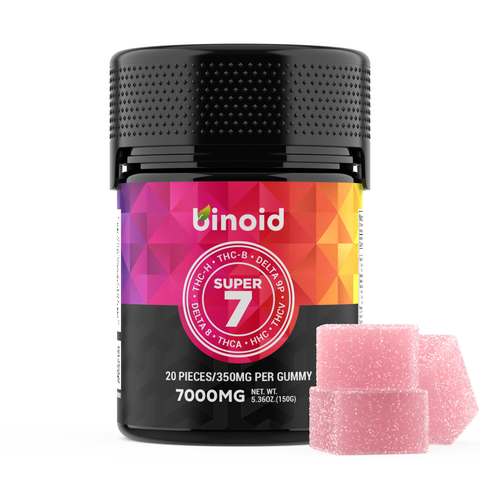 HHC vs THC shown by a Binoid gummies product displayed in front of a white background.