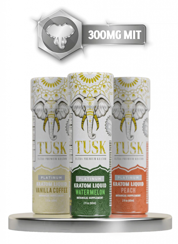 Kratom potency shown by three Tusk Kratom Kratom Liquid products displayed alongside together on a silver platform.