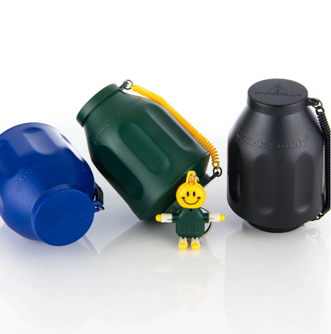 Portable Air Filter for Smoking displayed in 3s with a Smokebuddy toy in front of a white backgrounding.