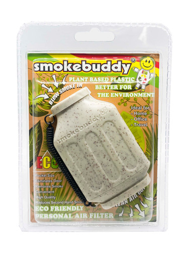 White plant based air filter for smoking inside its Smokebuddy packaging displayed in front of a white background.