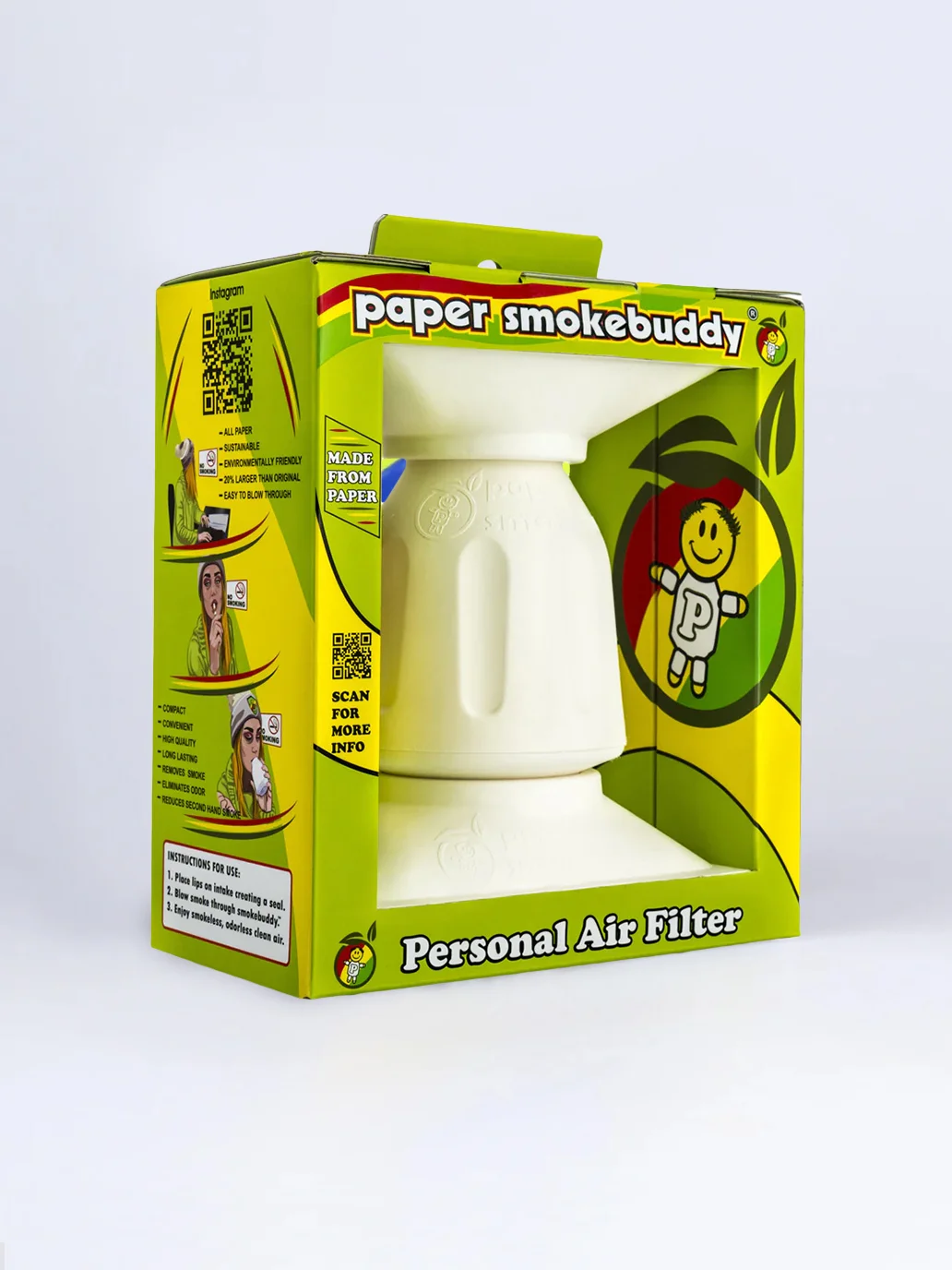 New Smokebuddy product inside its box showing personal air filter effectiveness from the packaging to usage.
