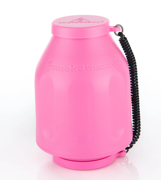 Discreet Smoking Indoors demonstrated by a pink Smokebuddy device.