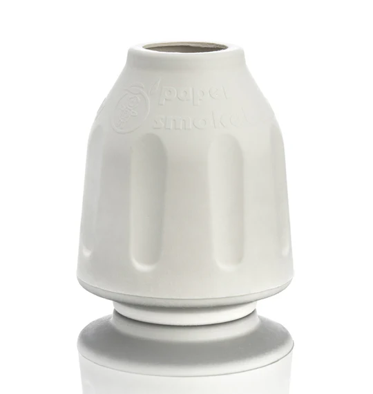 White reusable smoke filter displayed standing upright in front of a white background.