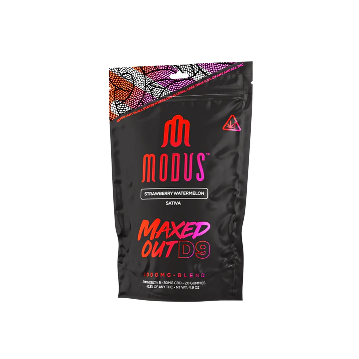 High potency hemp gummies displayed in front of a white background showing Modus Brand packaging.