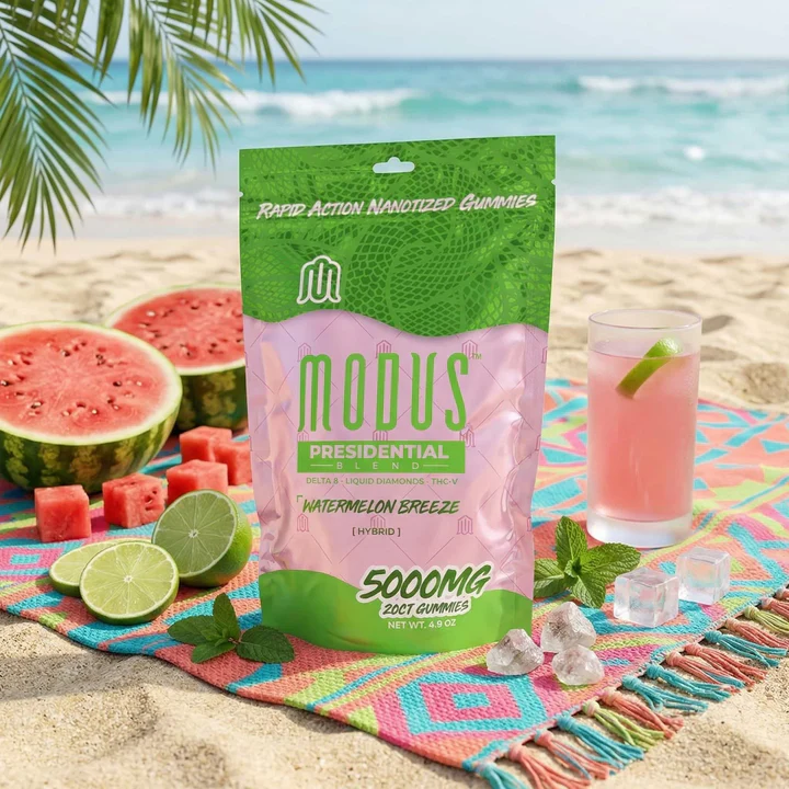 High potency hemp gummies displayed on a beach towel with fruits beside them.