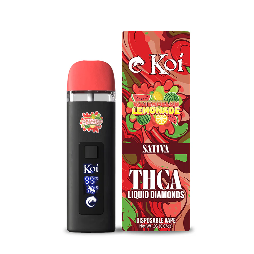 Koi THCA Liquid Diamond Vapes displayed in front of a white background.