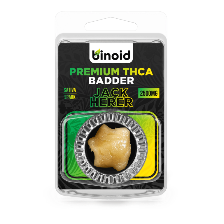 THCA badder displayed in front of a white background inside of a binoid packaging.