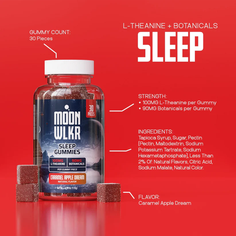 MOONWLKR Zero THC Sleep Gummies – Caramel Apple Dream displayed in front of a red background with texts showing gummy count, strength, and ingredients.
