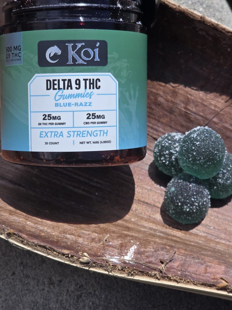 Koi Extra Strength Delta 9 THC Gummies displayed beside their container.