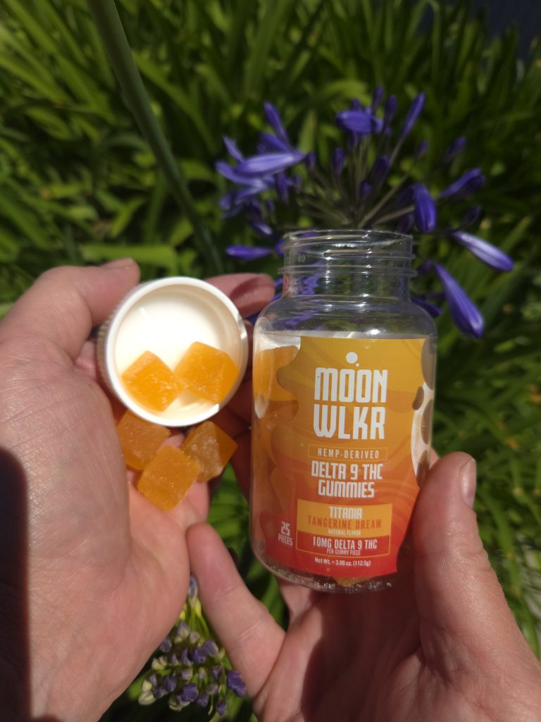 MOONWLKR Delta 9 Gummies — Tangerine Dream held by a man in front of a purple flower and bush.