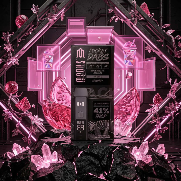 One of the strongest THC products from Modus Brand in color pink background showing the product box and the cartridge itself.