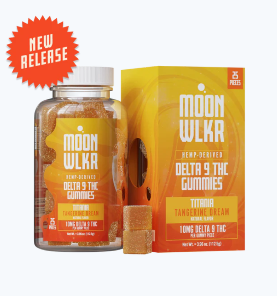 MOONWLKR Delta 9 Gummies — Tangerine Dream displayed in front of an orange background with gummies beside it.
