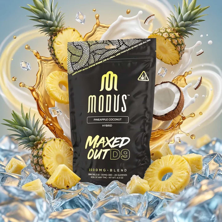 One of the gummies and strongest THC products from Modus Brand displayed in a background of pineapples.
