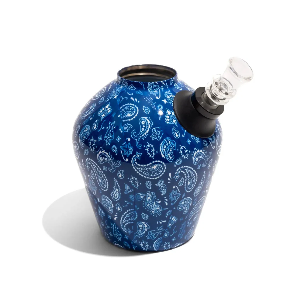 A blue cold bong without its pipe displayed in front of a white background.