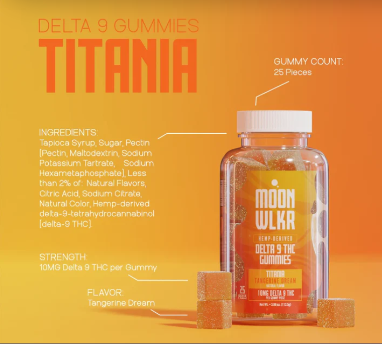 MOONWLKR Delta 9 Gummies — Tangerine Dream displayed in front of an orange background with gummies beside it.