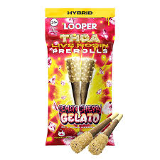 Looper THCA Live Rosin Prerolls in Lemon Cherry Gelato displayed in front of a white background.