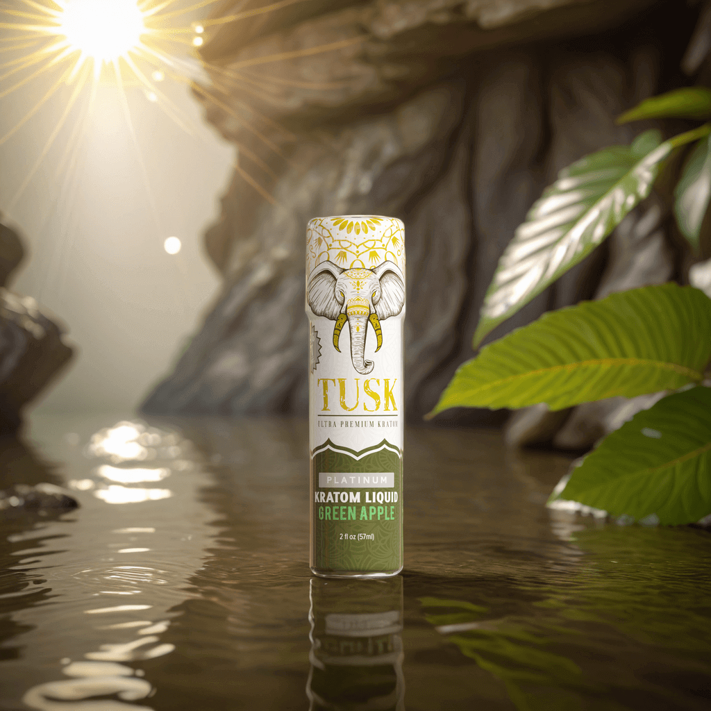 Tusk Kratom green product showing kratom and alcohol interaction displayed in front of a tropical background.