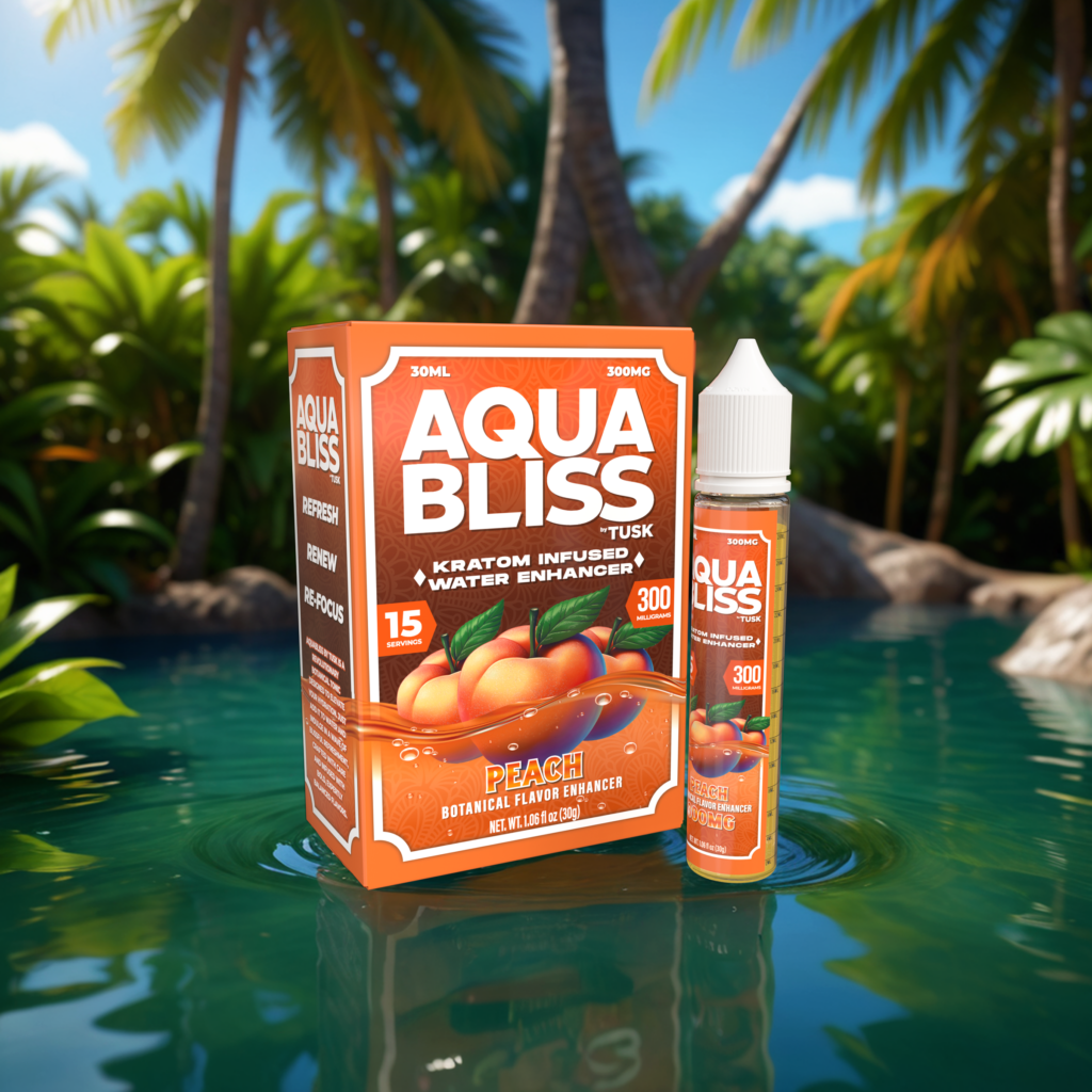 Tusk Kratom Aqua Bliss product shown displayed in front of a tropical background with trees and a lagoon representing kratom half life.