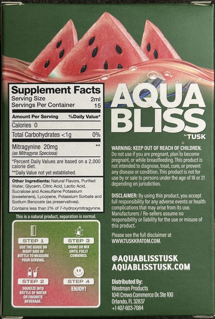 Kratom water enhancer supplement facts from Tusk Kratom Aqua Bliss showing the specific details about the product.