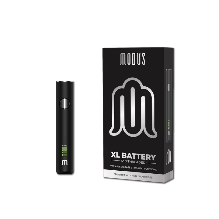 Black Modus Brand XL 510 Battery displayed in front of a white background showing the device itself and the black box.