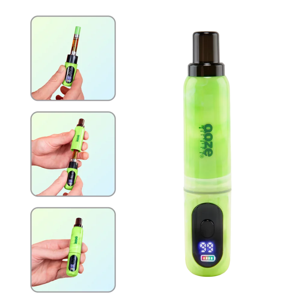 Ooze Hivo 510 Thread Conceal Battery – 400 mAh – Green Swish product being demonstrated by a person in three different frames.