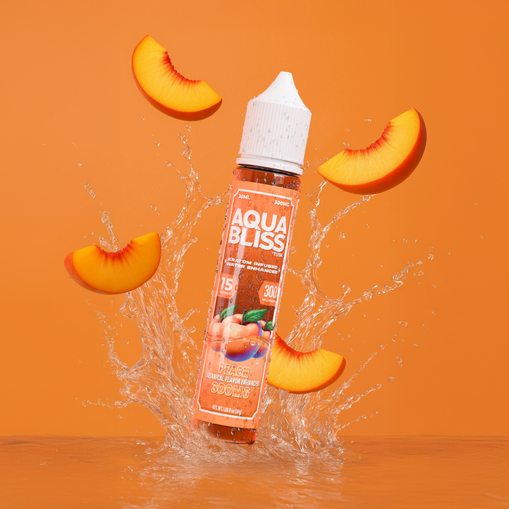 Image of a Tusk Kratom orange Aqua Bliss product displayed suspended in the air in front of an orange background with fruits floating representing kratom half life.